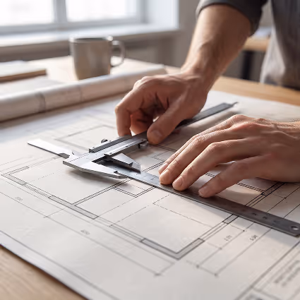 Person using a caliper and ruler to measure architectural blueprints on a table.