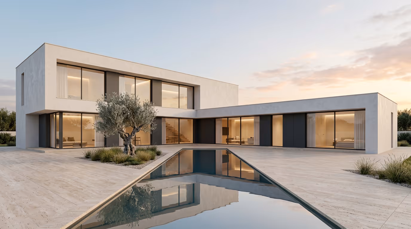 Modern two-story house with large glass windows surrounding a rectangular reflective pool at sunset.