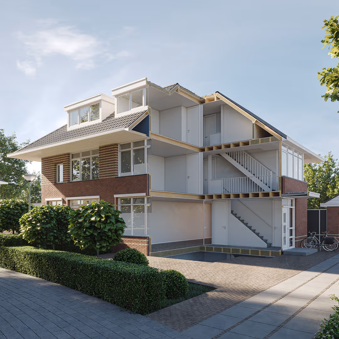 3D architectural cutaway of a two-story brick house showing interior walls, rooms, and stairs.