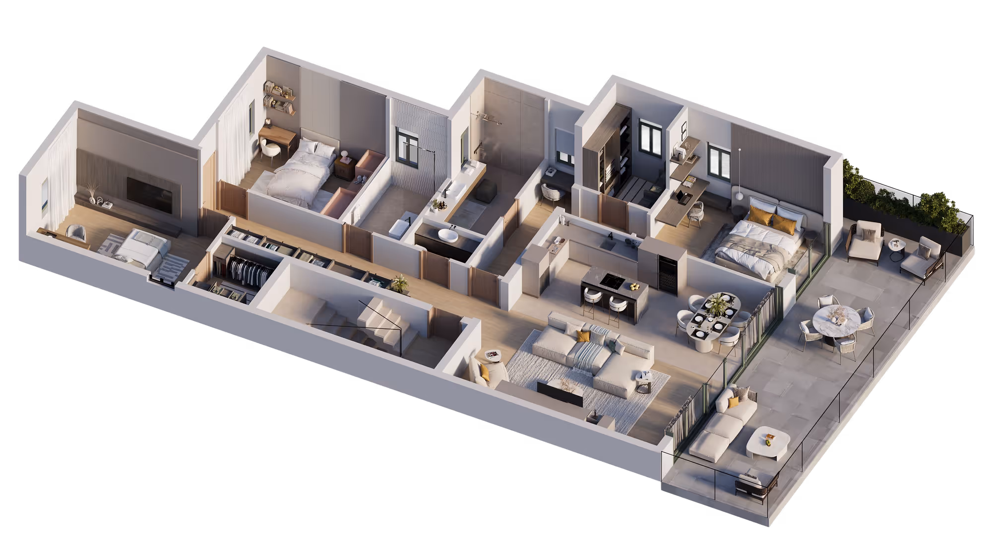 3D floor plan of a modern apartment with three bedrooms, two bathrooms, an open kitchen, living room, and a large outdoor patio.