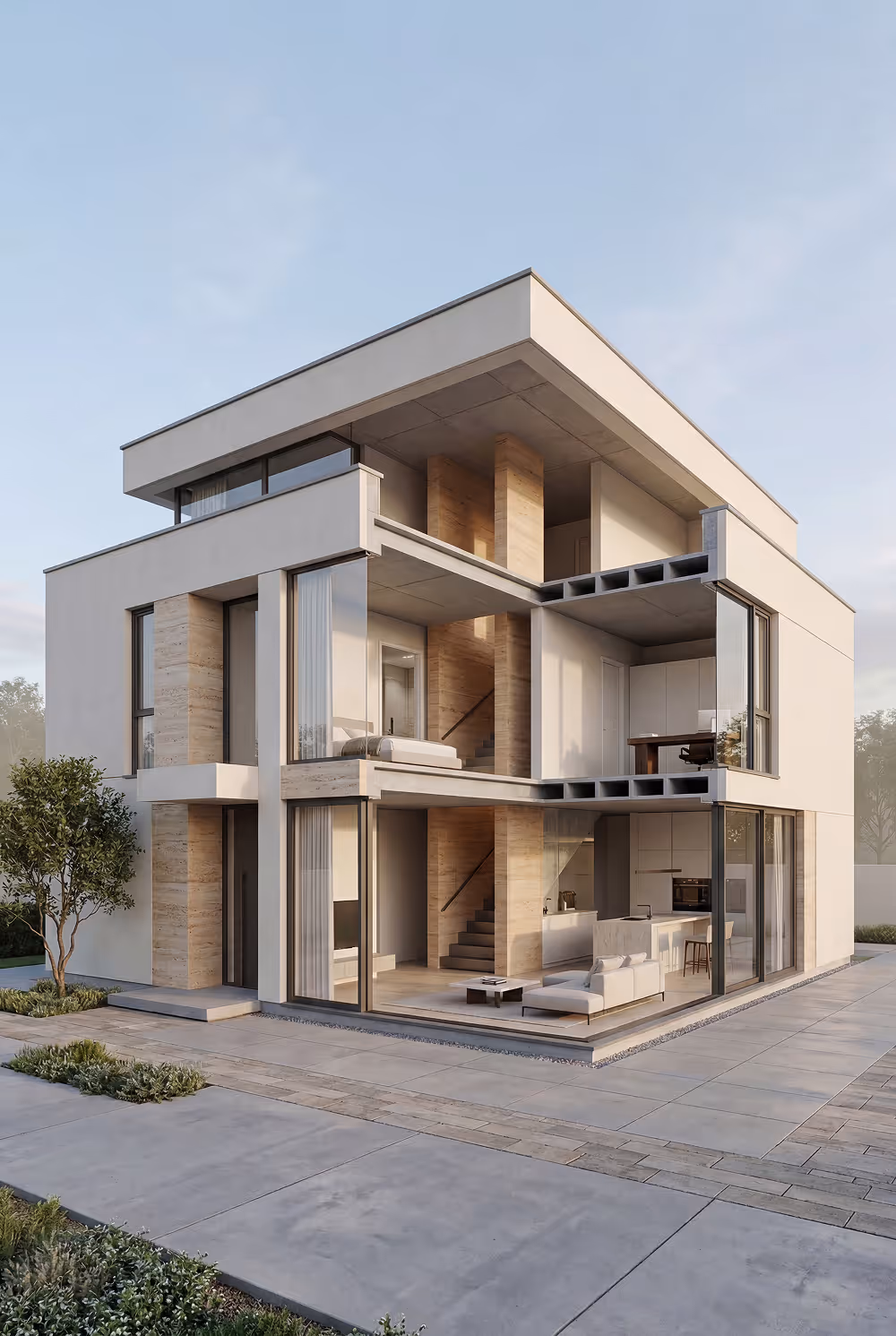 Modern three-story house with cutaway view showing interior living room, kitchen, bedroom, and office spaces.