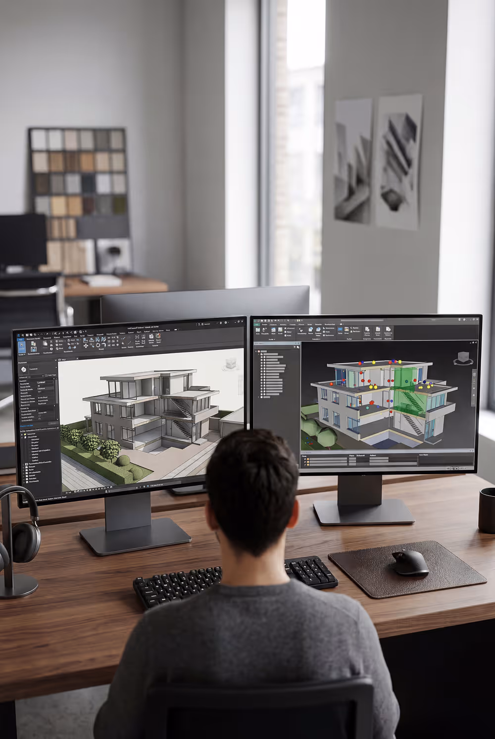 Person working on architectural 3D modeling and design on dual computer monitors displaying a house structure.