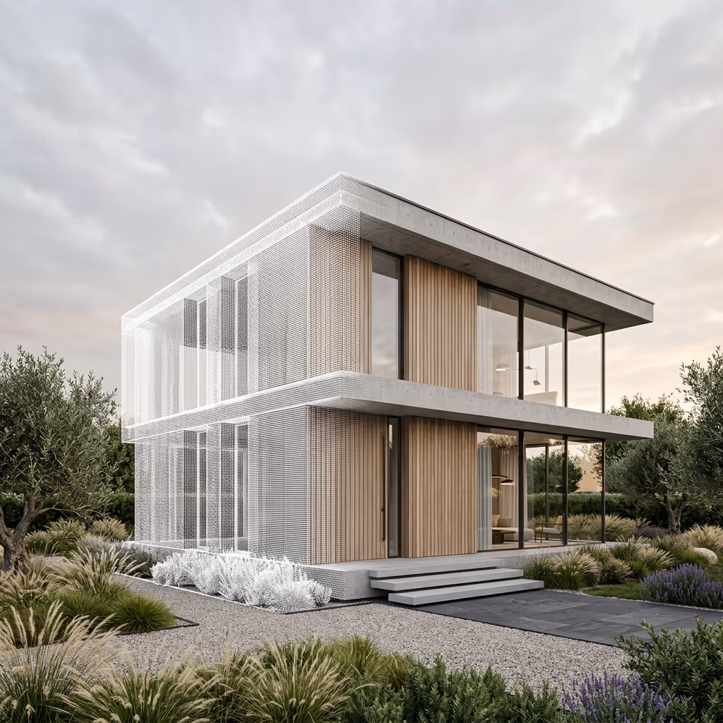 Modern two-story house with wooden panels and large glass windows, partially overlaid with a digital wireframe model, surrounded by landscaped greenery.
