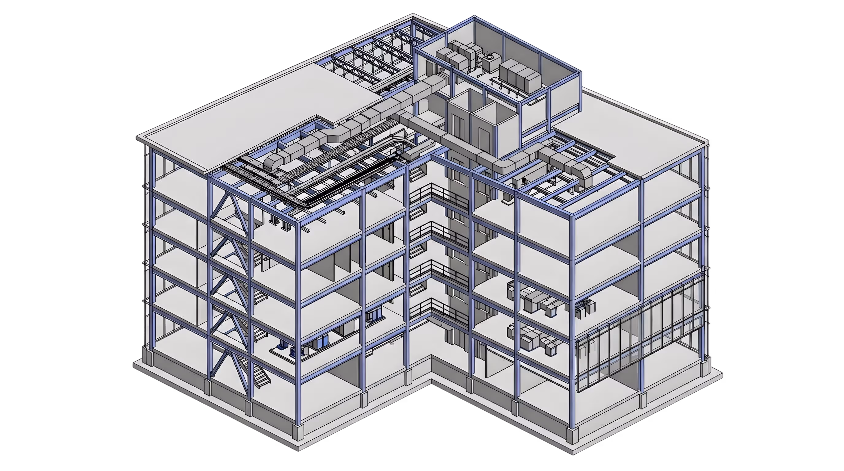 3D architectural BIM model of a four-story L-shaped building with exposed interior structure and HVAC systems.
