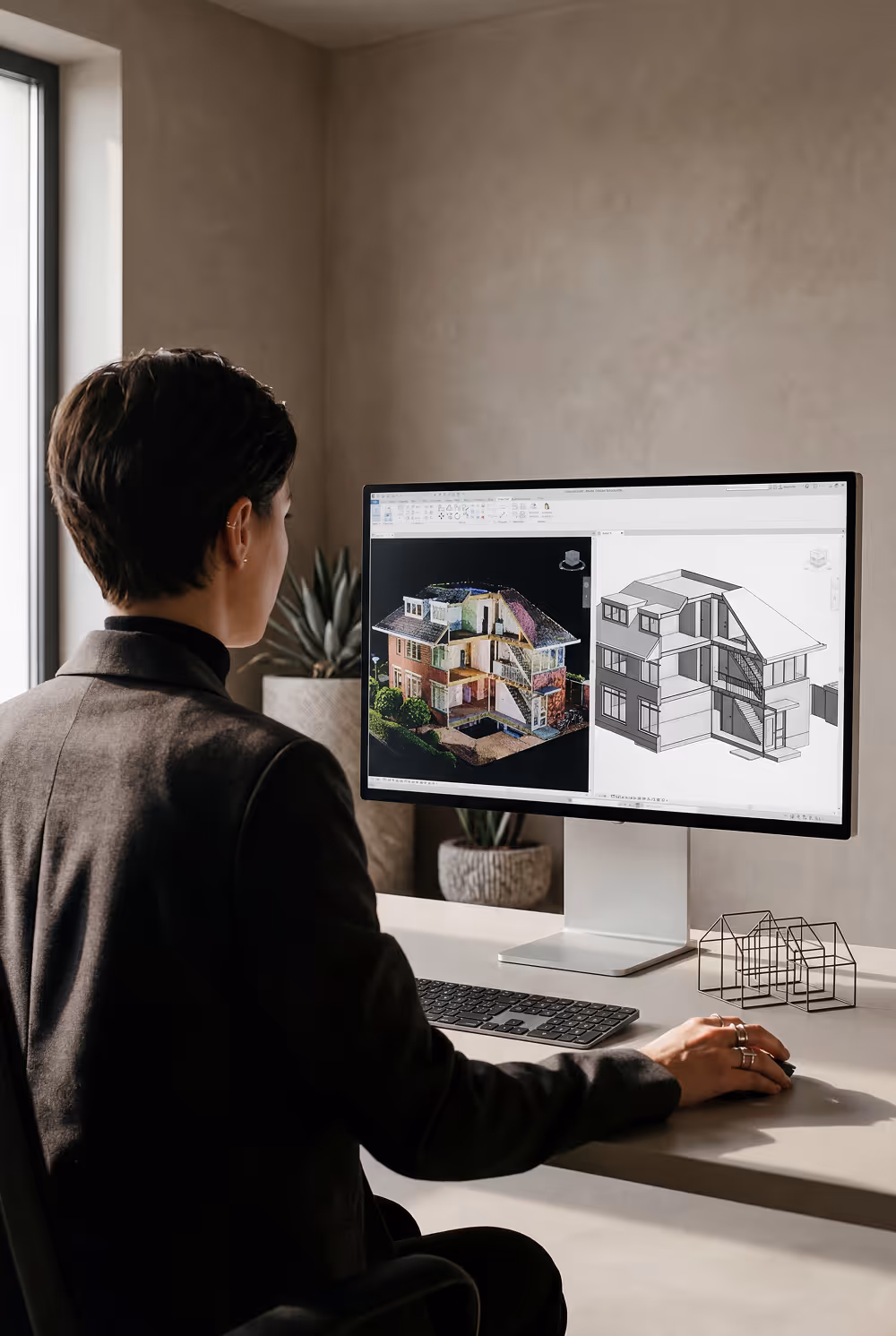 Person working on architectural 3D house design models displayed on a computer monitor at a desk.
