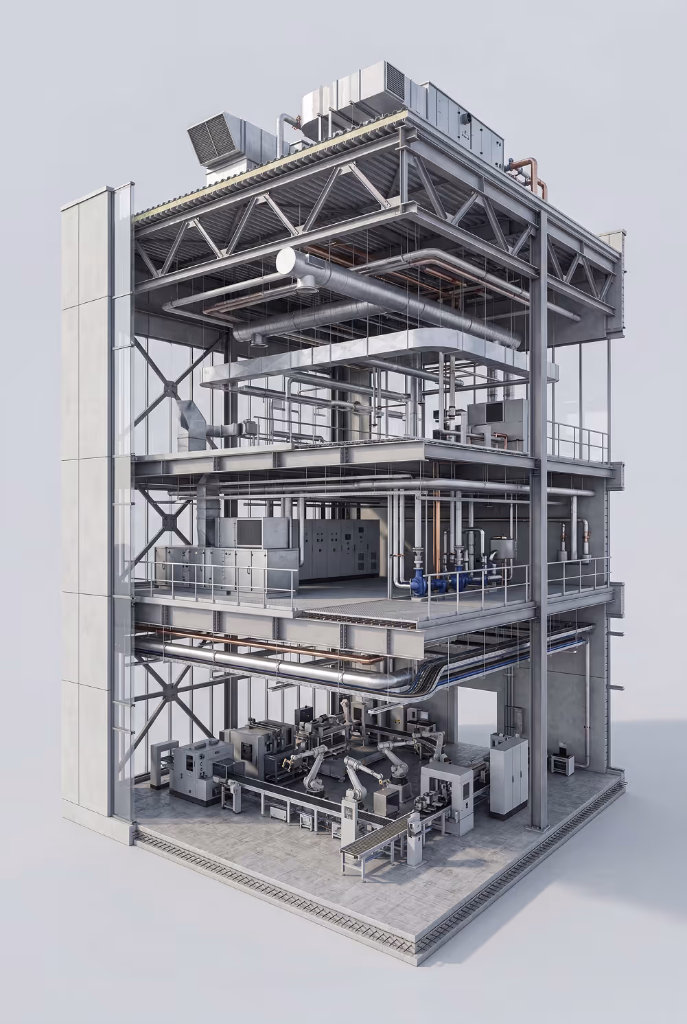 Cross-section of a three-story industrial building showcasing mechanical equipment, piping, HVAC systems, and robotic machinery on the factory floor.