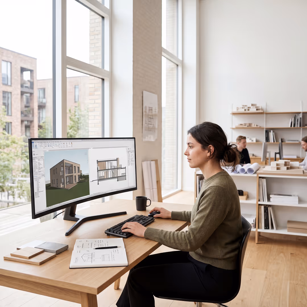 Woman working on architectural designs on a large curved monitor in a bright office with large windows and wooden desks.