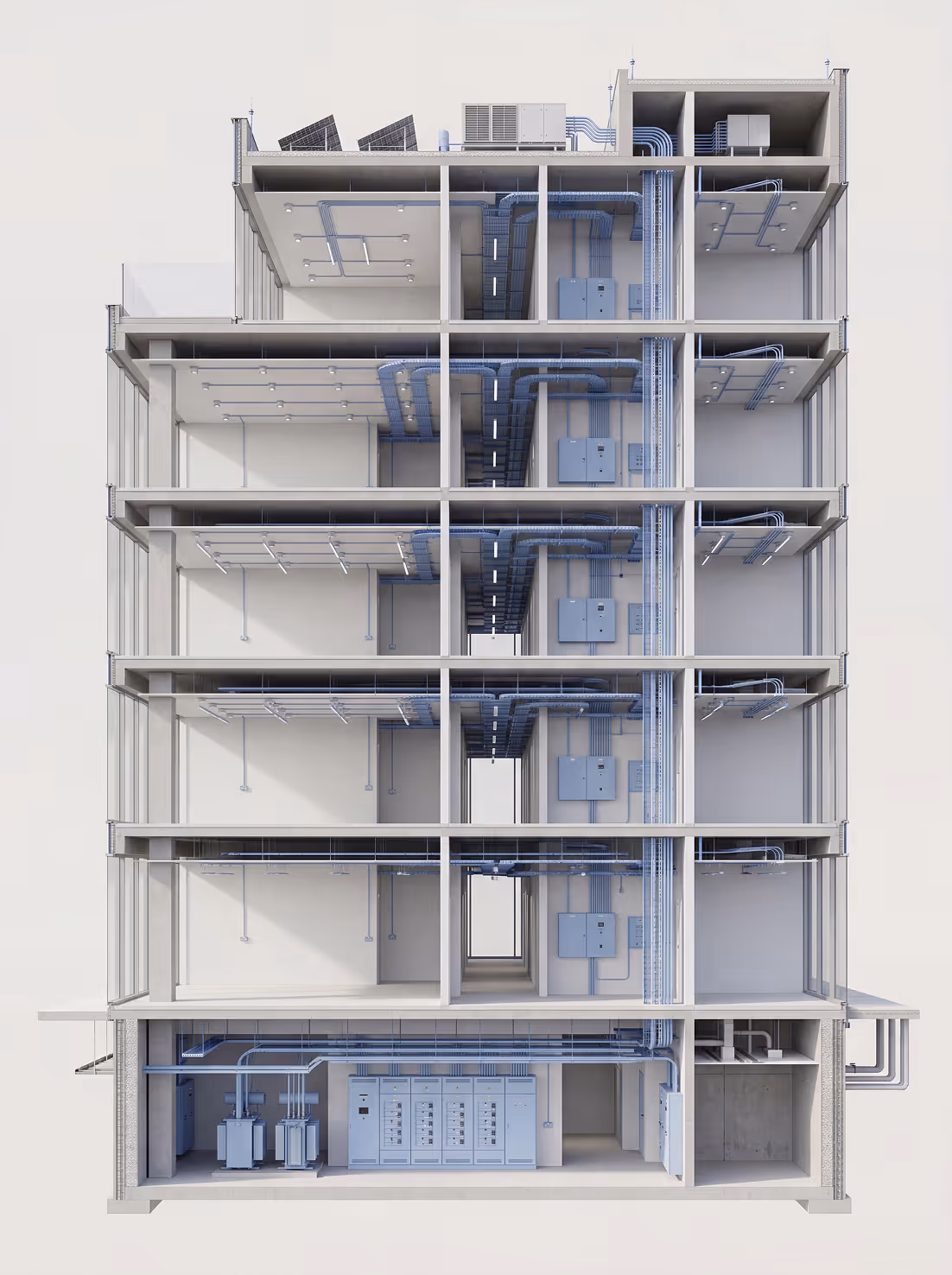 Cross-section of a multi-story building showing detailed electrical conduit and panel installations on each floor.