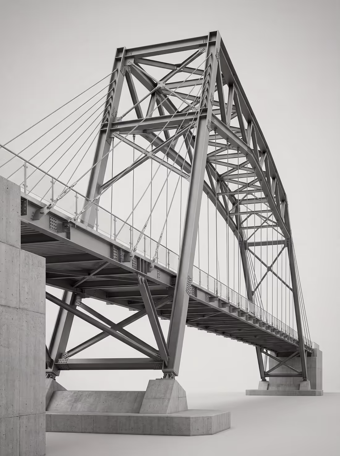 Modern steel arch bridge with suspension cables supported by concrete piers against a plain gray background.