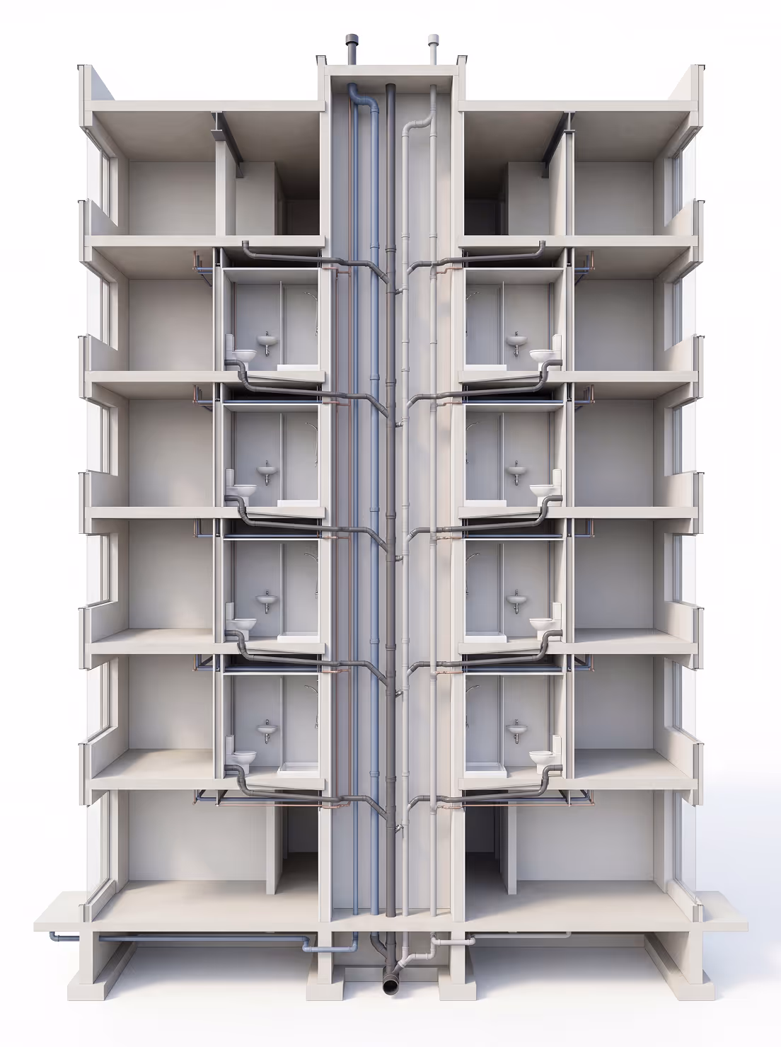 3D building cross-section illustrating the plumbing system with pipes connected to sinks and toilets on multiple floors.