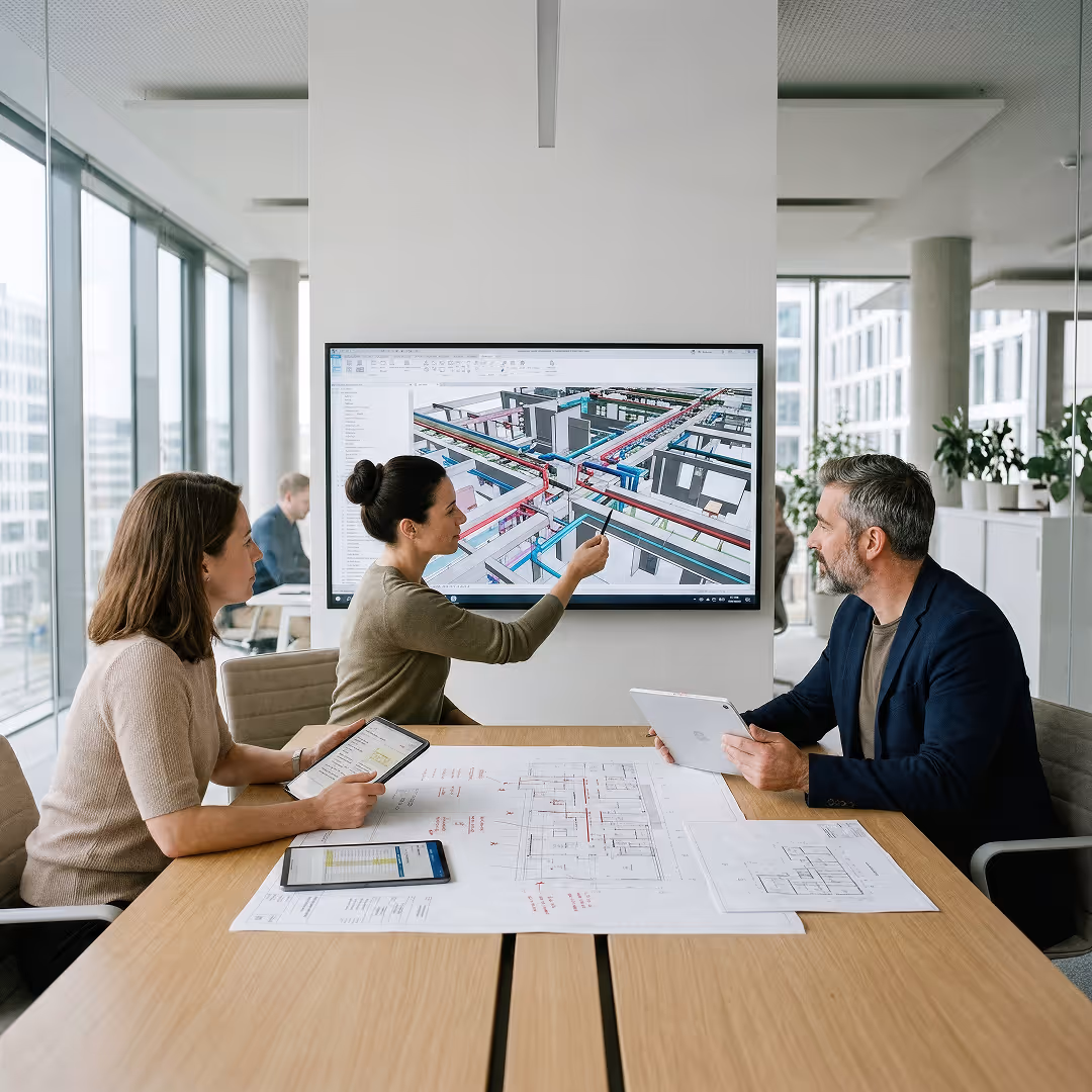 Three professionals in a modern office reviewing architectural plans and 3D building models on a screen and tablets during a meeting.