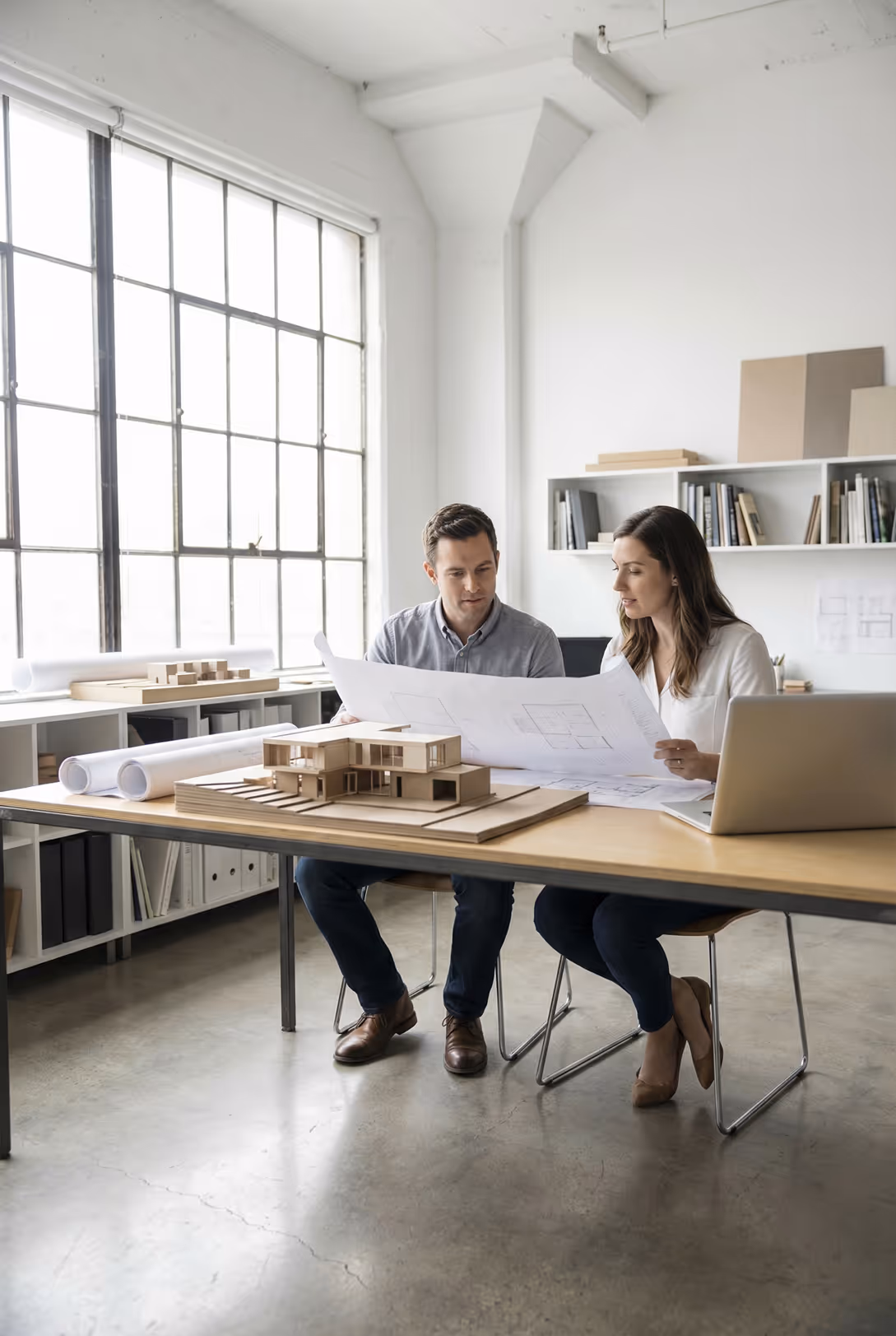 Man and woman reviewing architectural plans at a table with a house model and a laptop in a bright office.