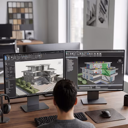 Person working on dual monitors displaying 3D architectural models of a modern multi-story building.