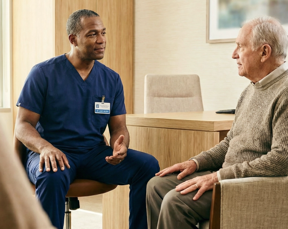 A nurse in scrubs talking with an older patient