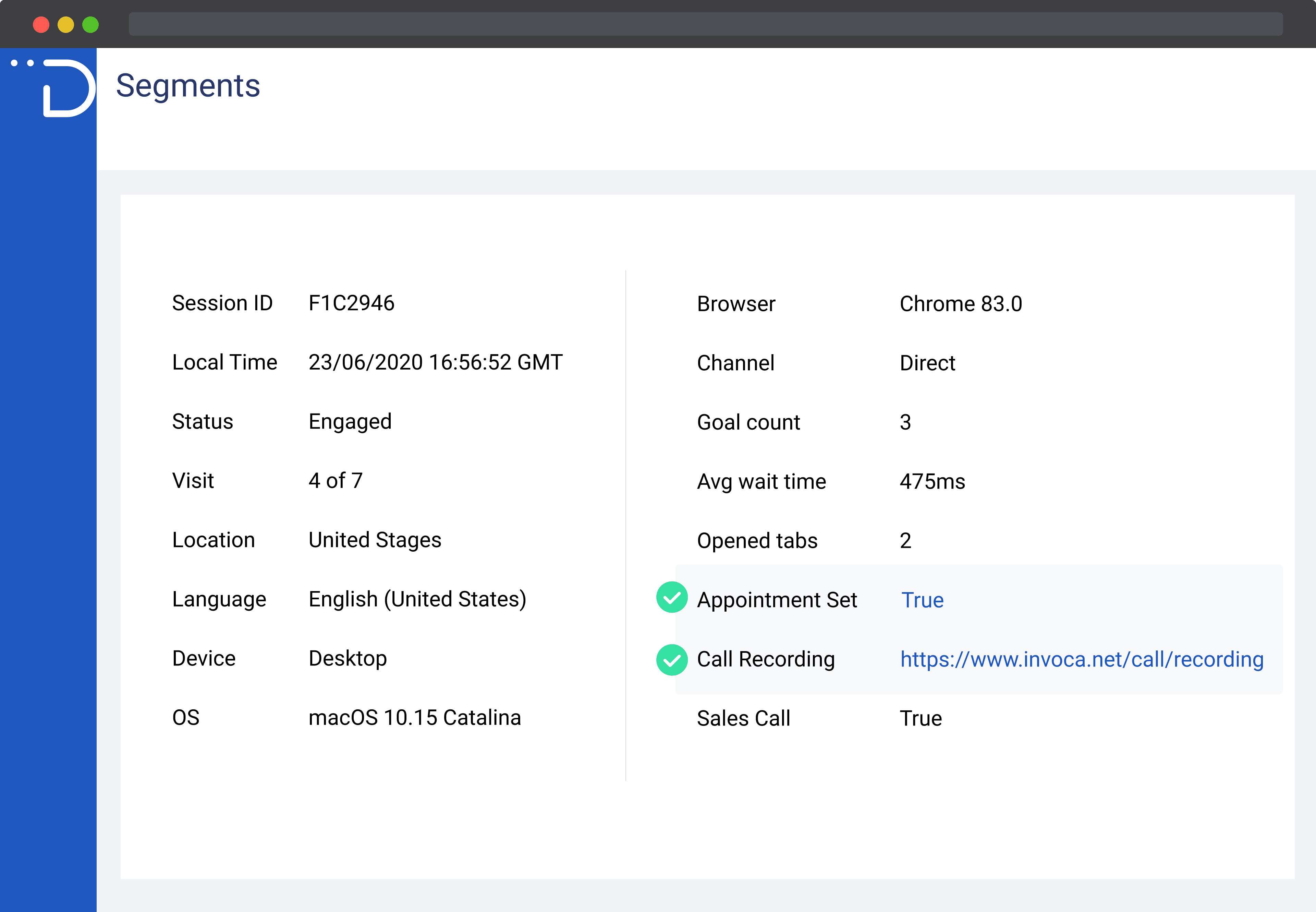 User session details showing session ID, local time, status, visit count, location, language, device, OS, browser, channel, goal count, average wait time, opened tabs, appointment status, call recording link, and sales call status.