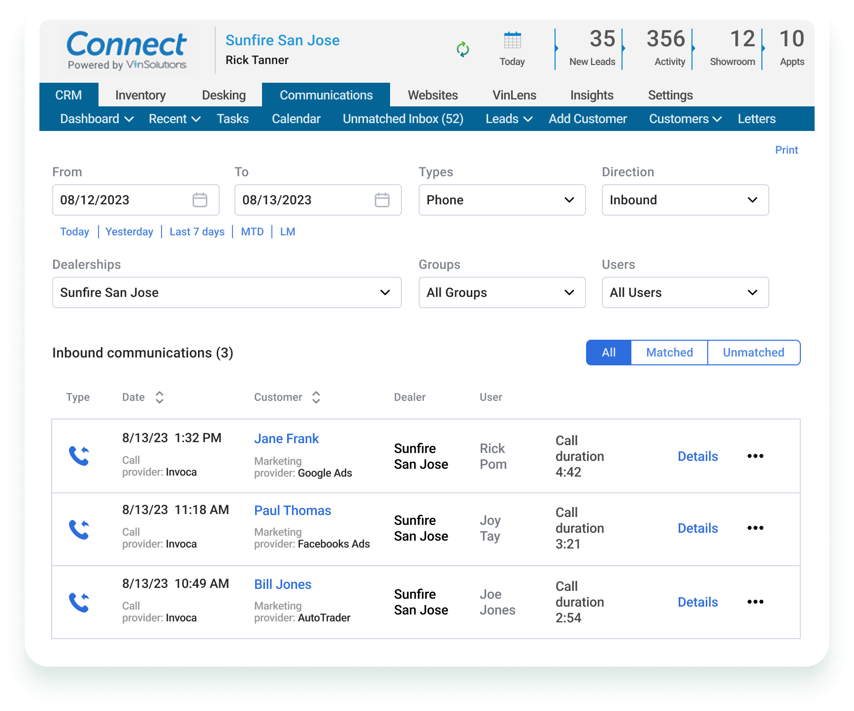 Dashboard screen showing inbound phone communications for Sunfire San Jose with call details including dates, customer names, marketing providers, dealers, users, and call durations.