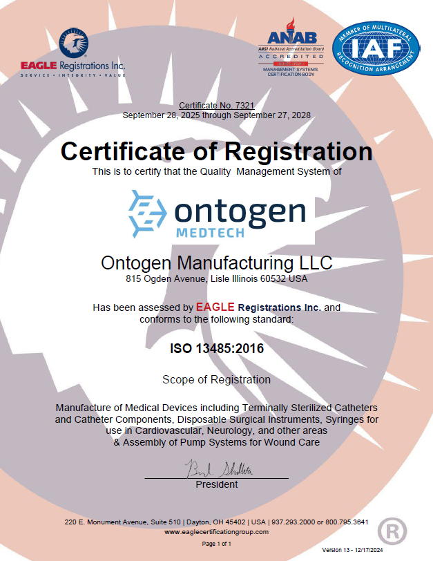 Certificate of Registration for Ontogen Manufacturing LLC certifying their Quality Management System meets ISO 13485:2016 standards for medical device manufacturing.