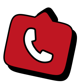 White telephone handset icon on a tilted red square background.