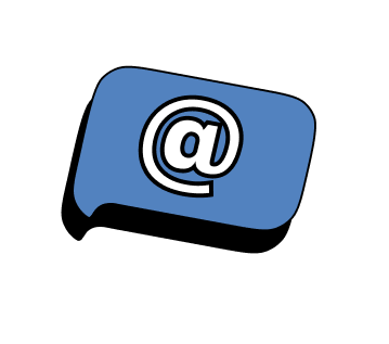 Blue rectangular chat bubble with white @ symbol inside.