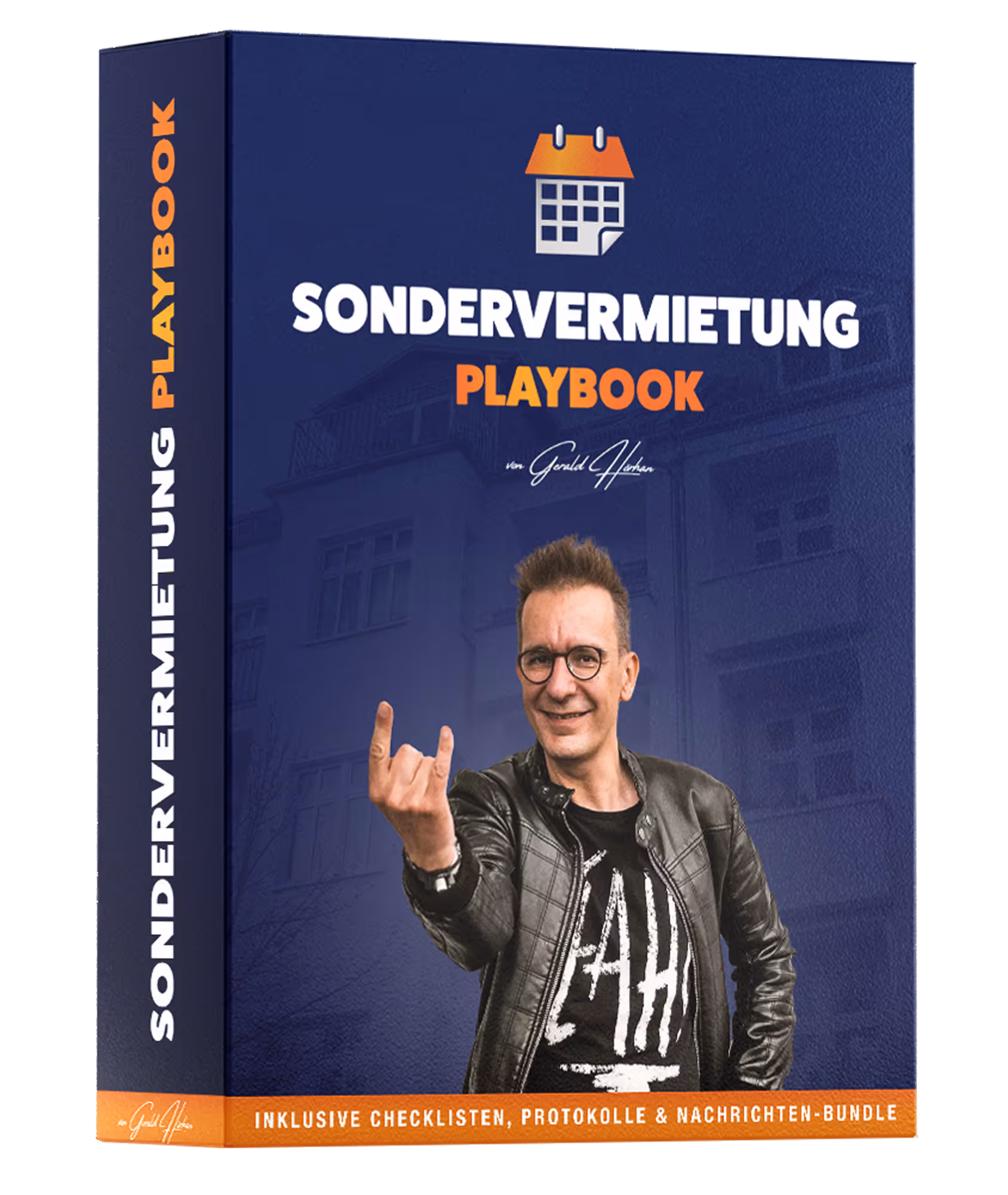 Cover des Sondervermietung Playbooks von Gerald Hörhan mit einem Mann in Lederjacke, der die Hand mit dem Rockzeichen nach vorne streckt.