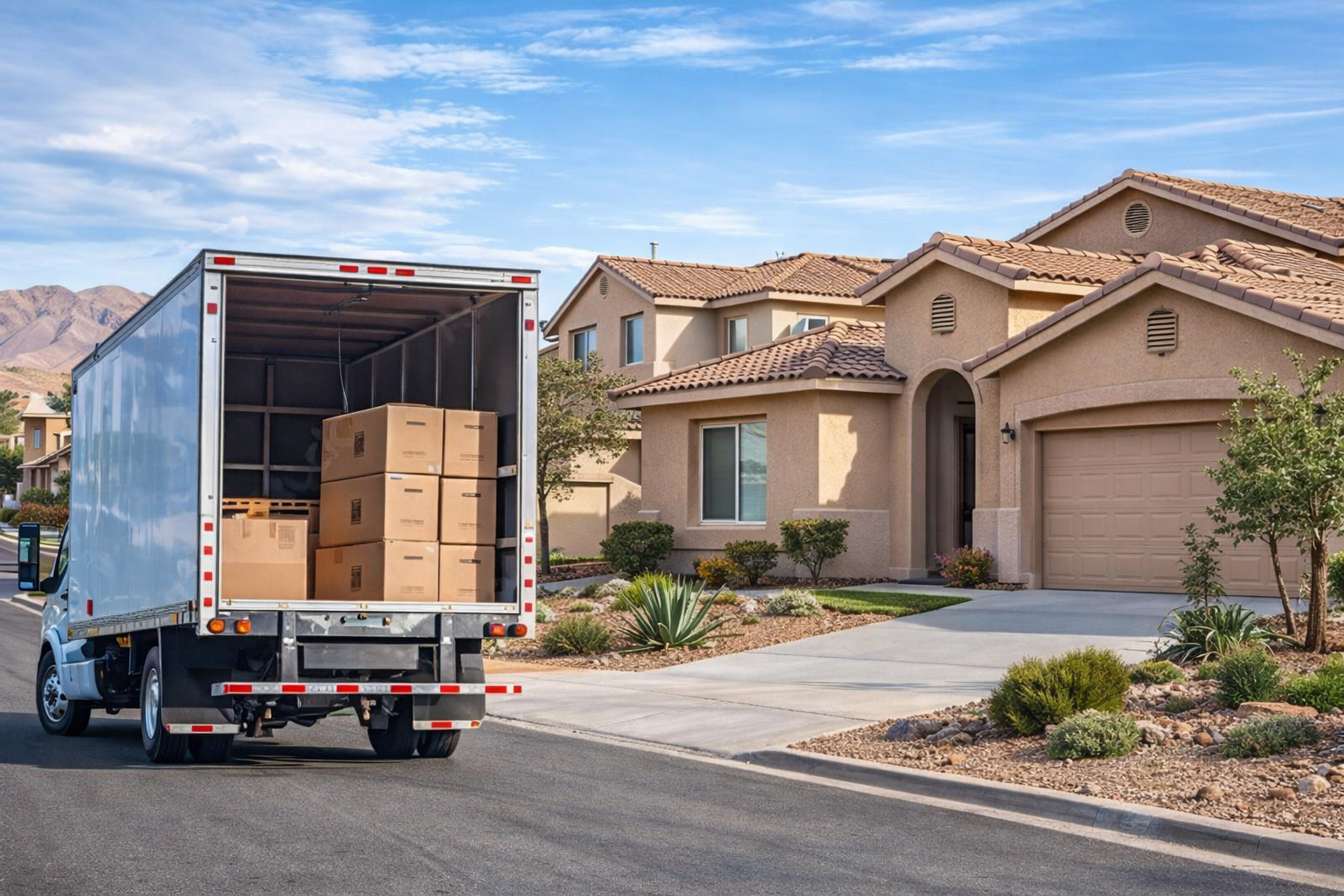 Delivery truck loaded with cardboard boxes parked on a residential street in front of beige stucco houses with tiled roofs.