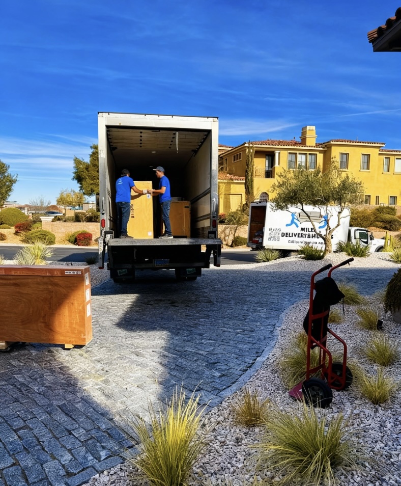 Delivery truck with open back parked near residential buildings, labeled 'Miles Delivery&Movers' with logo of two blue figures carrying a sofa and text 'Big or small we can handle it all'.