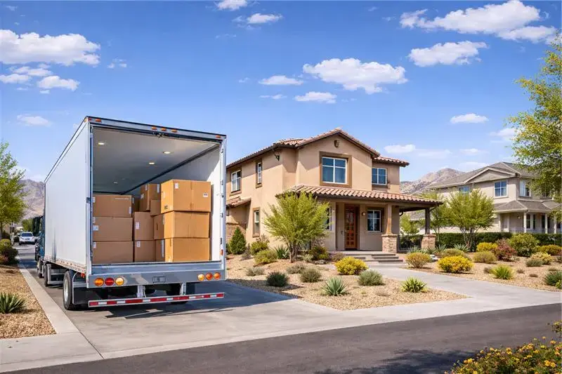 Three movers in blue shirts using hand trucks to unload cardboard boxes from a truck and van in a residential neighborhood.