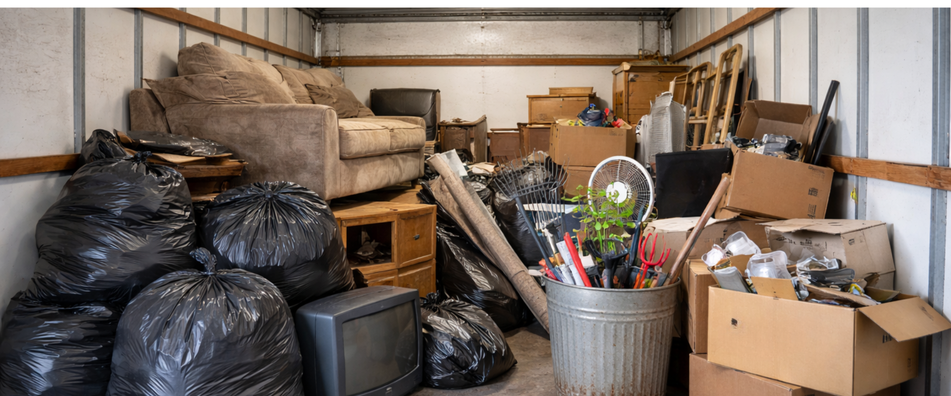 Cluttered attic with wooden roof beams, containing plastic bins, cardboard boxes, and miscellaneous stored items.