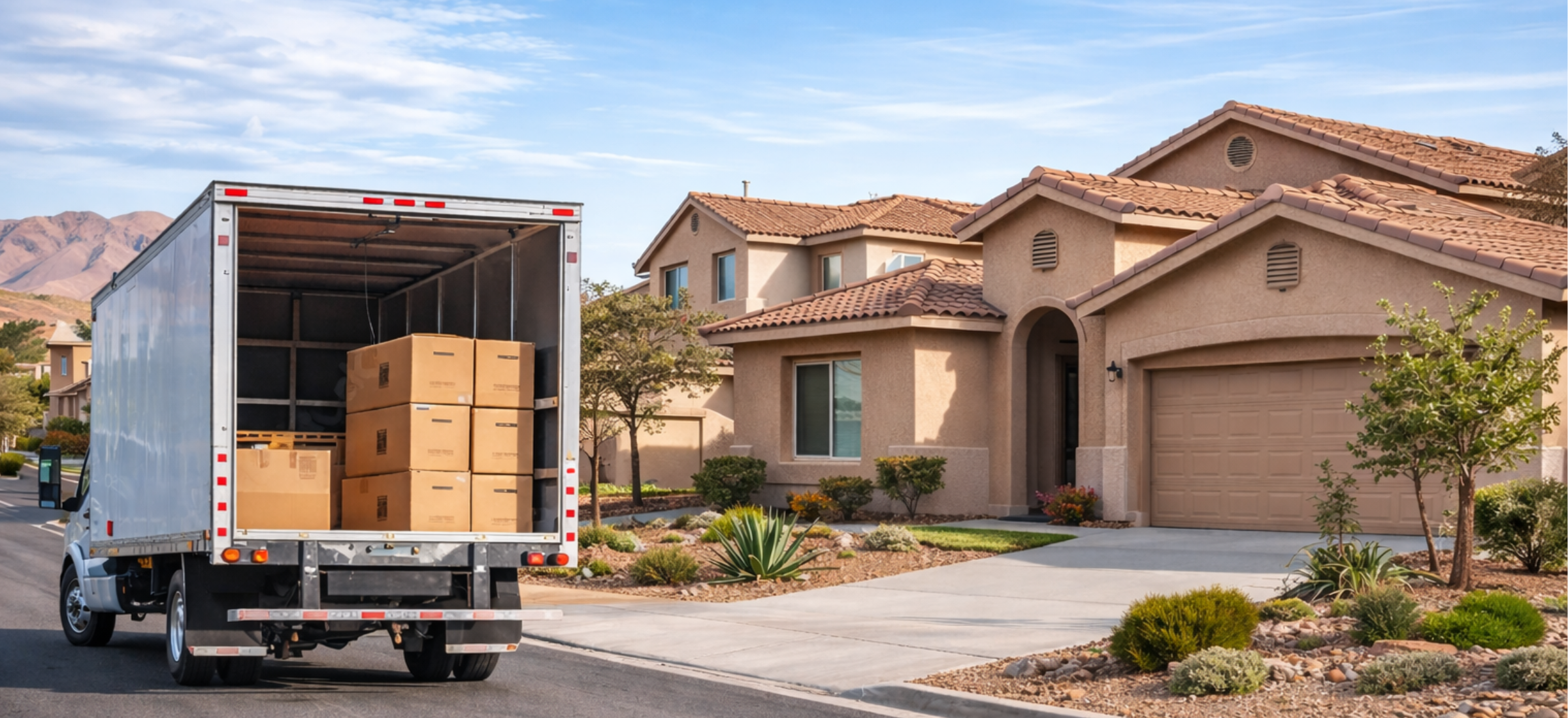 Moving truck parked on a residential street with its back open, showing stacked cardboard boxes inside near suburban houses.