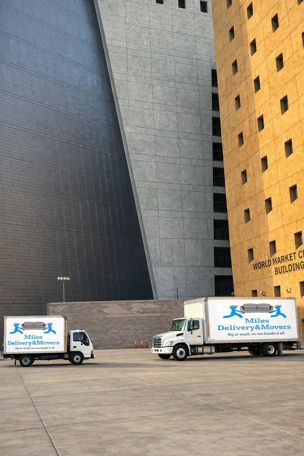 Two moving trucks with logos showing blue figures carrying a sofa and the text 'Miles Delivery & Movers' parked in front of a large building with 'World Market Center Building' sign.