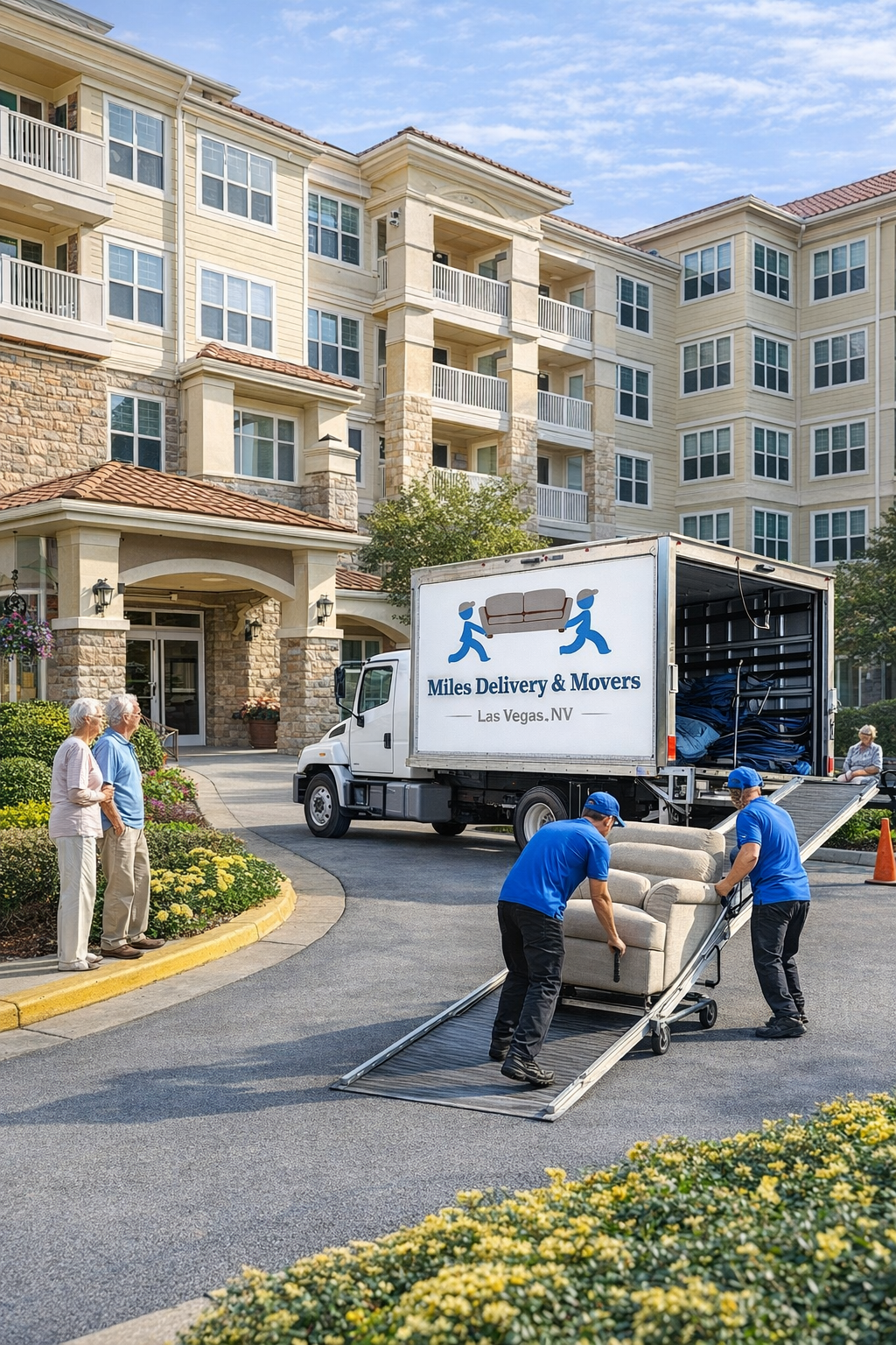 Delivery truck with open back parked near residential buildings, labeled 'Miles Delivery&Movers' with logo of two blue figures carrying a sofa and text 'Big or small we can handle it all'.
