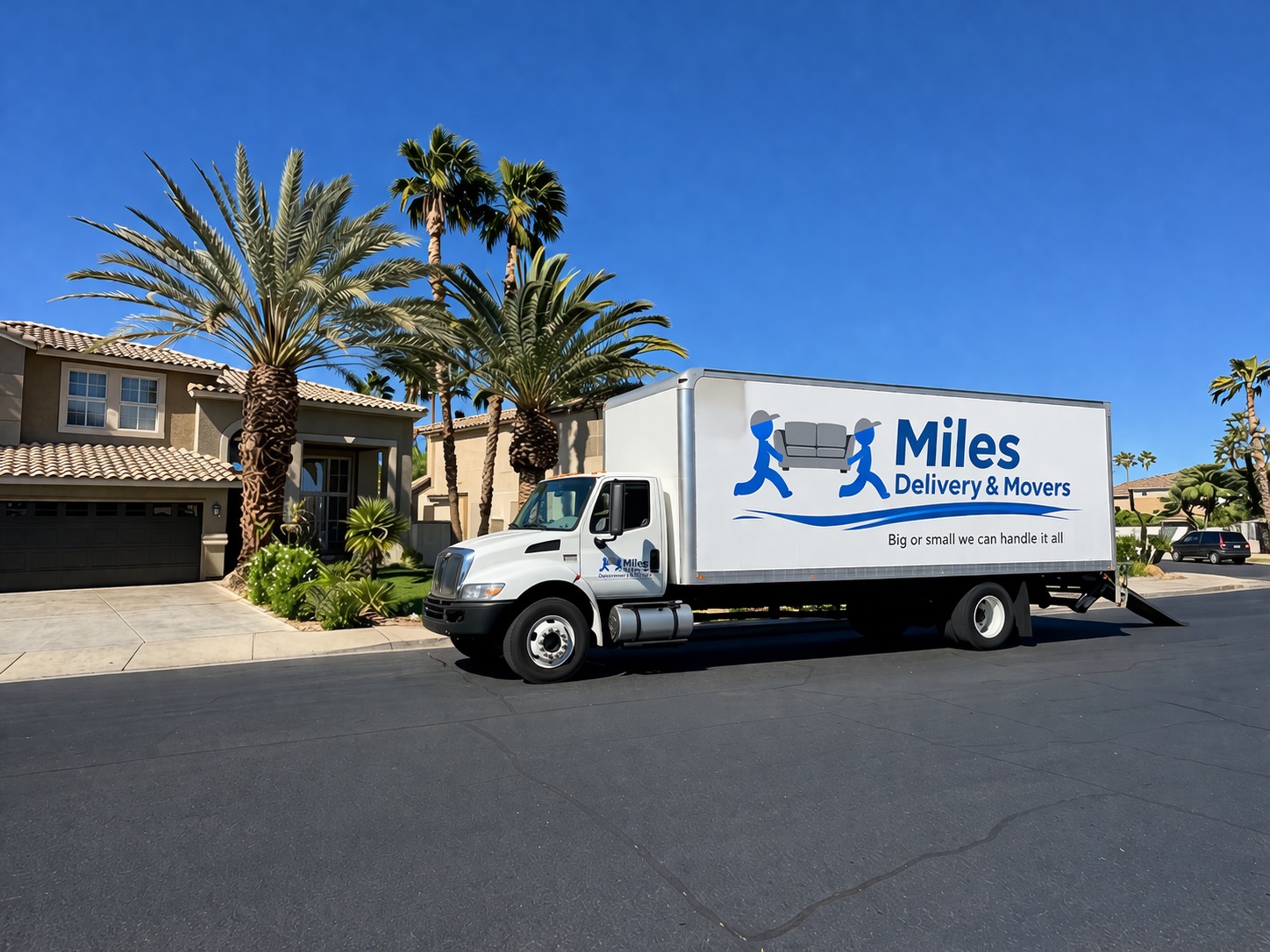 Two white moving trucks with 'Miles Delivery & Movers' logo parked in front of the World Market Center building.