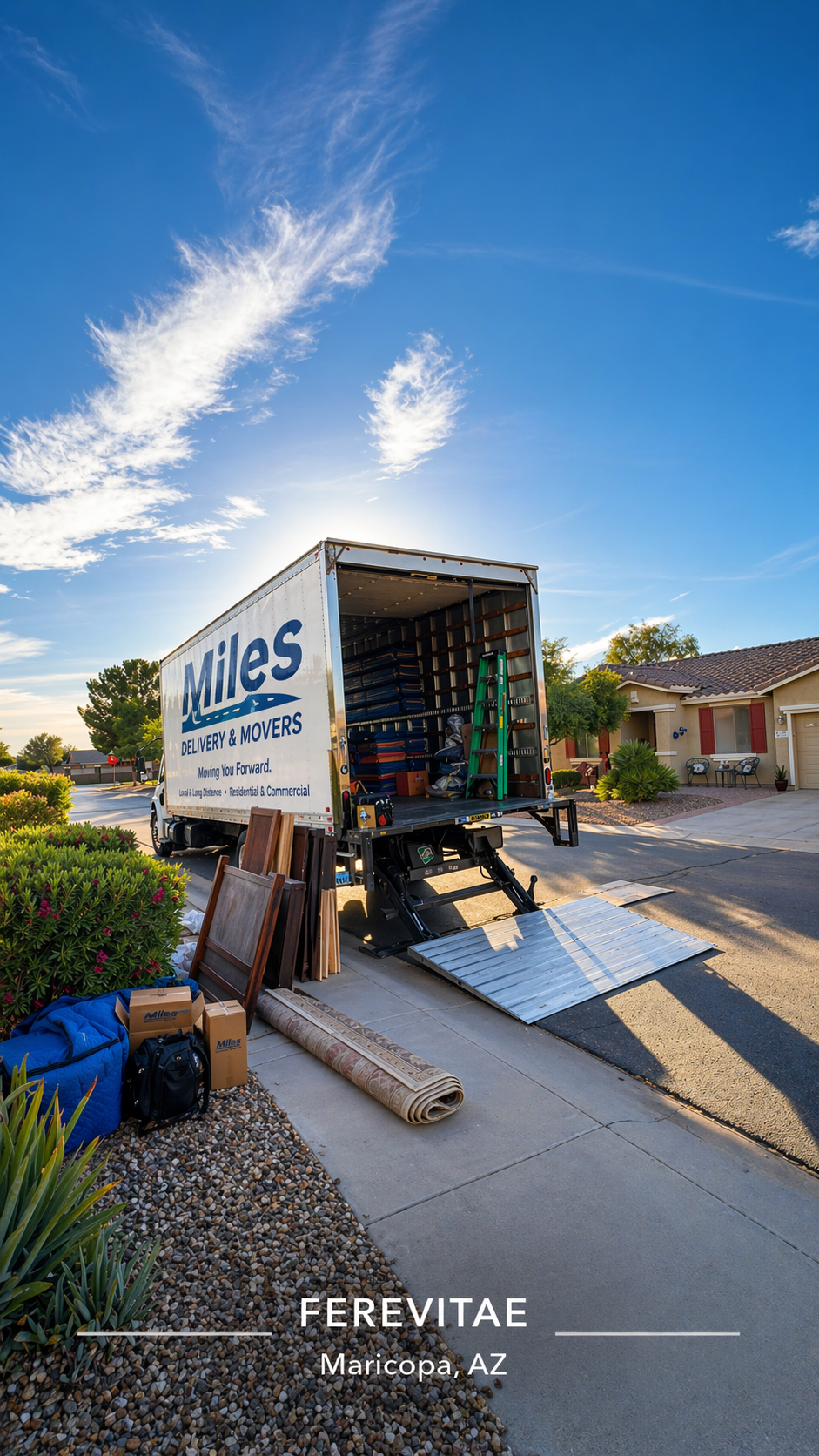 Moving truck parked on city street with a logo of two blue figures carrying a sofa and the text 'Miles Delivery & Movers' on the side.