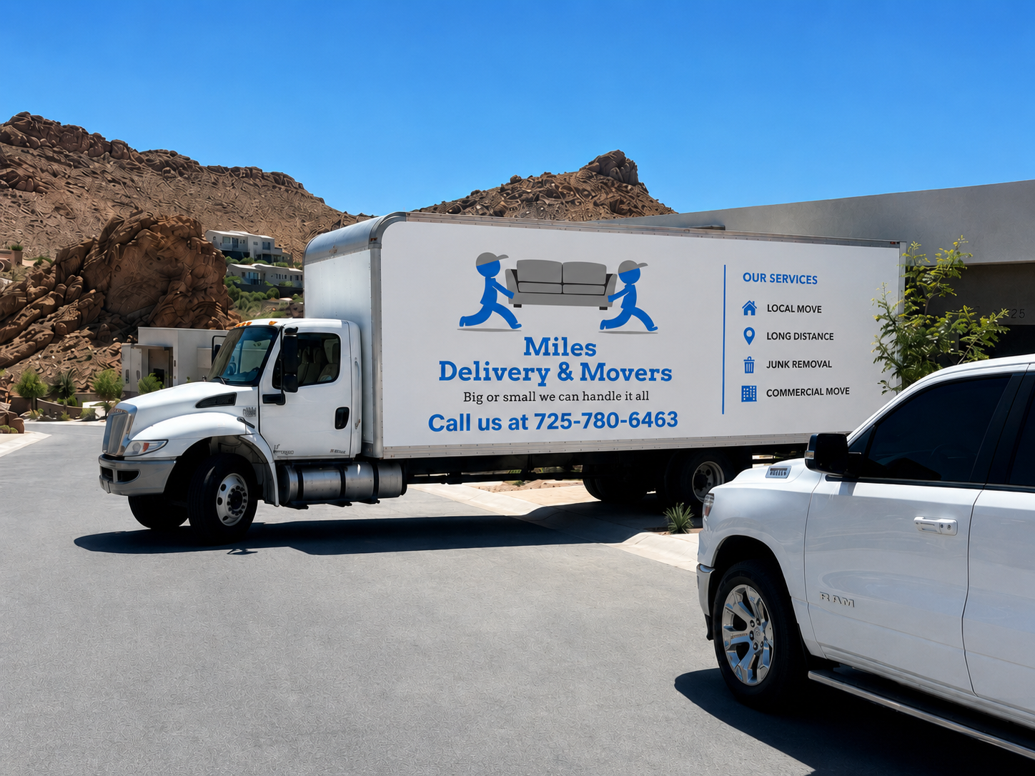 Two white moving trucks with 'Miles Delivery & Movers' logo parked in front of the World Market Center building.