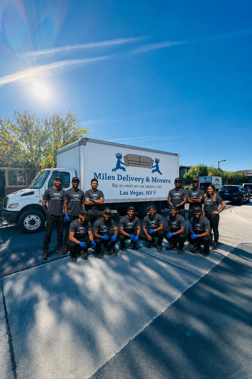 A white delivery truck labeled 'Miles Delivery & Movers' parked on a residential street with modern apartment buildings and a clear blue sky in the background.