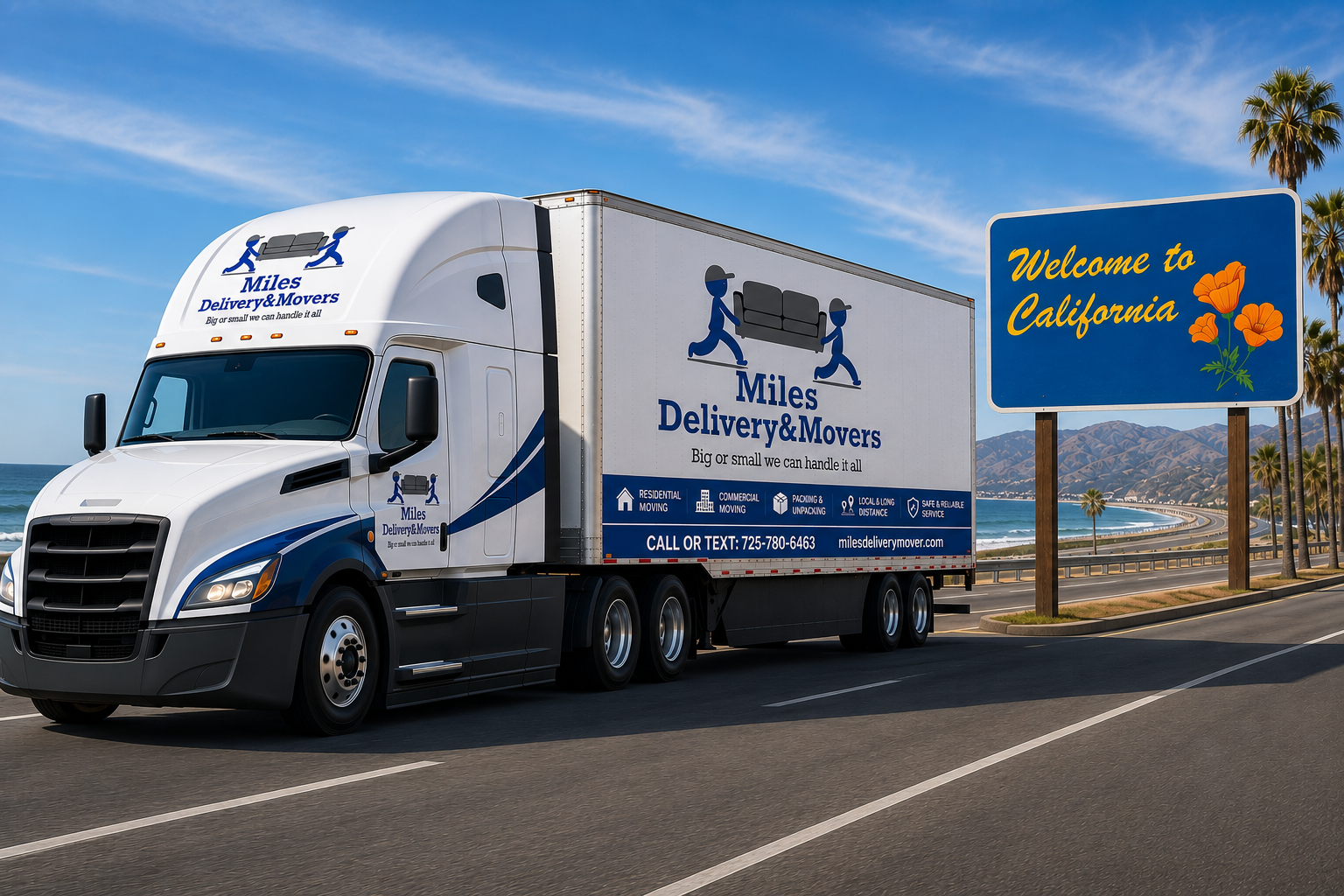 Moving truck parked outside an apartment building with open back doors and a sign reading 'Miles Delivery & Movers, Big or small we can handle it all'.