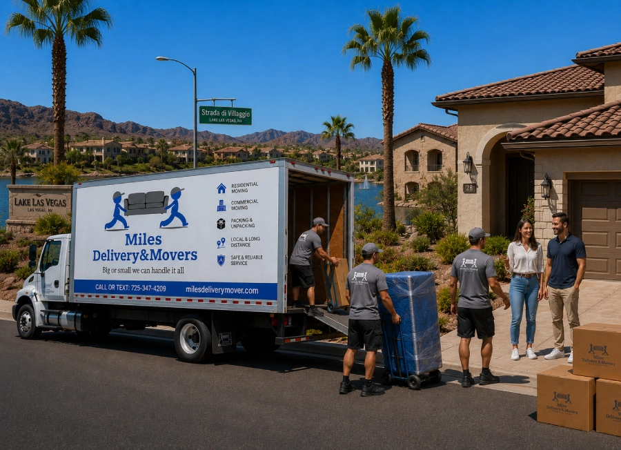 Three movers wearing blue shirts unloading a large black container from a truck in a suburban neighborhood under a clear blue sky.