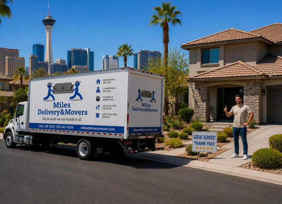 Two movers carrying a large wrapped piece of furniture up a ramp into a delivery truck on a sunny residential street.