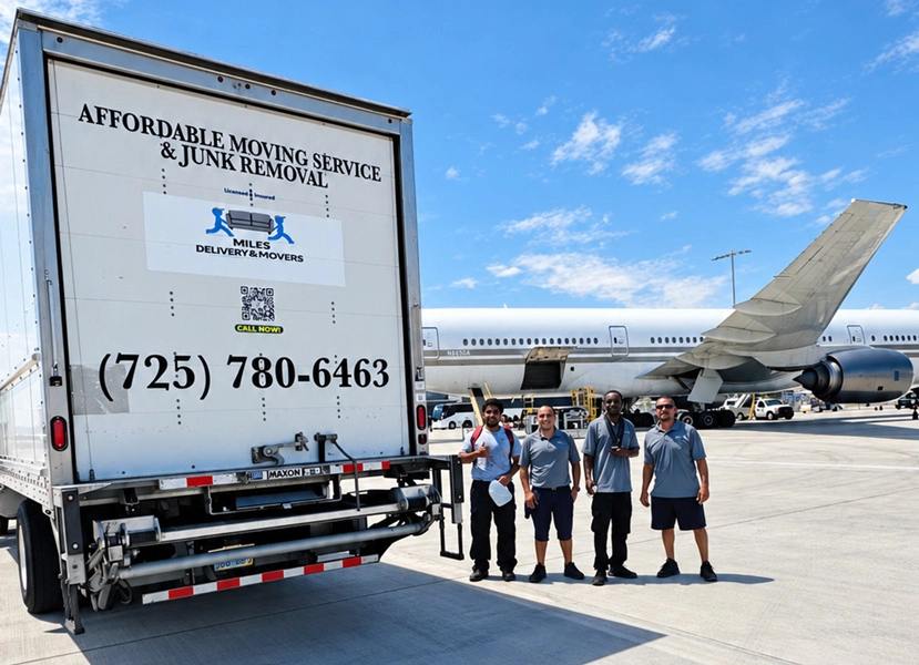 A white delivery truck labeled 'Miles Delivery & Movers' parked on a residential street with modern apartment buildings and a clear blue sky in the background.