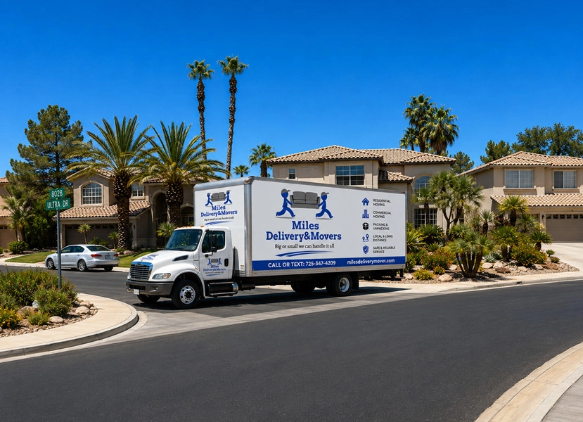 Two movers carrying a large wrapped piece of furniture up a ramp into a delivery truck on a sunny residential street.