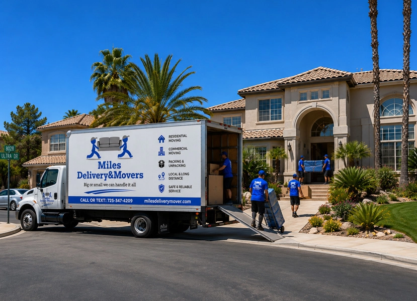 A white delivery truck labeled 'Miles Delivery & Movers' parked on a residential street with modern apartment buildings and a clear blue sky in the background.