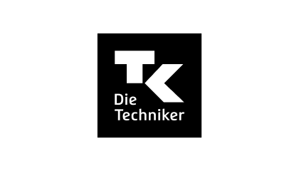 Logo der Techniker Krankenkasse mit weißen Buchstaben TK und Text Die Techniker auf schwarzem Hintergrund.
