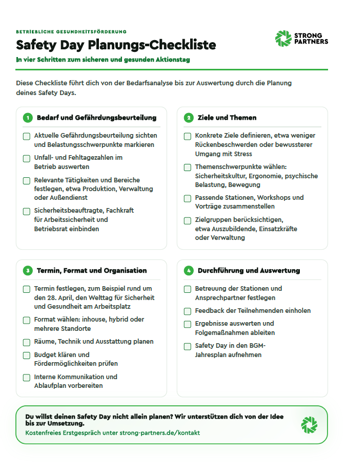 [Vorschlag] Deckblatt der Safety Day Planungs-Checkliste von Strong Partners