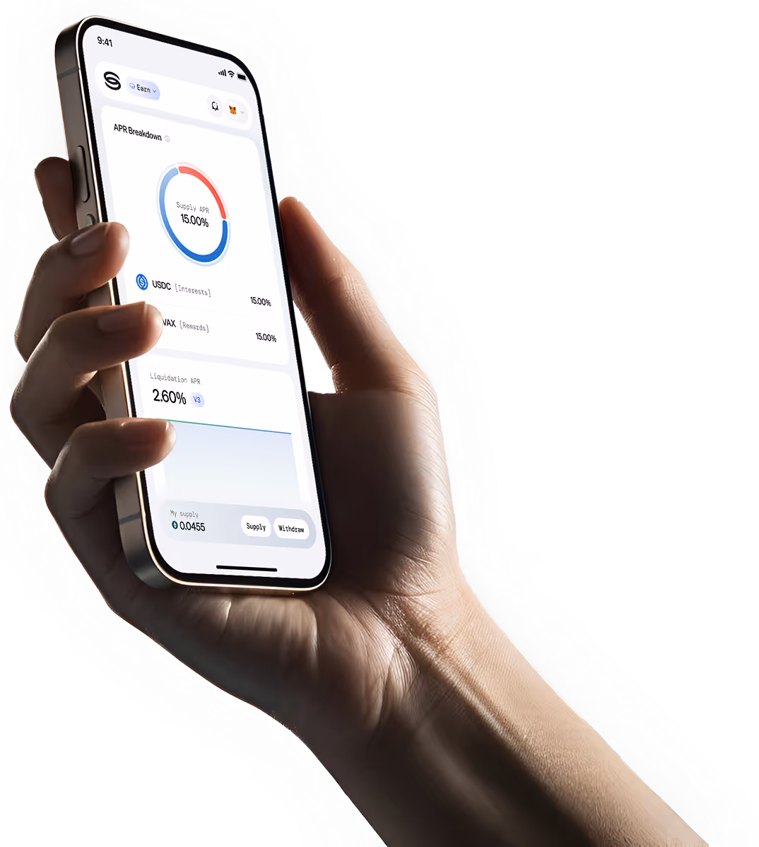 Hand holding smartphone displaying a financial app with APR breakdown and supply details.