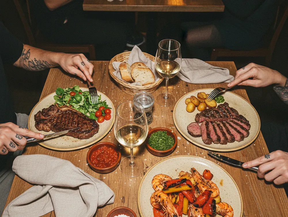 Zwei Personen speisen an einem Holztisch mit Tellern mit gegrilltem Steak mit Salat und Kartoffeln, Garnelen mit Röstgemüse, Gläsern Weißwein und einem Brotkorb.