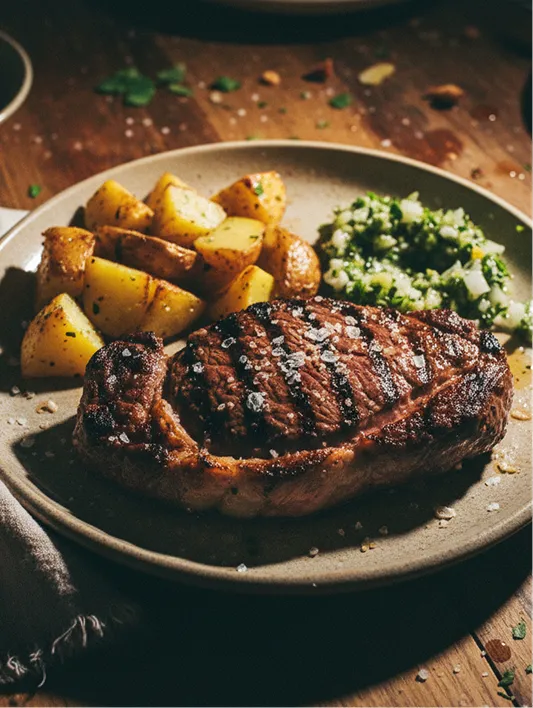 Gegrilltes Steak, mit grobem Salz bestreut auf einem beigefarbenen Teller.