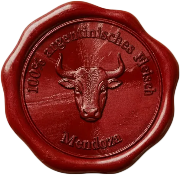 Rotes Wachssiegel mit geprägtem Stierkopf und dem Text „100% argentinisches Fleisch Mendoza“