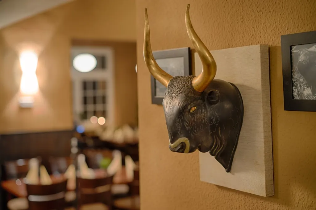 Dekorativer Stierkopf mit goldenen Hörnern, der in einem warm beleuchteten Restaurant an einer Wand montiert ist.