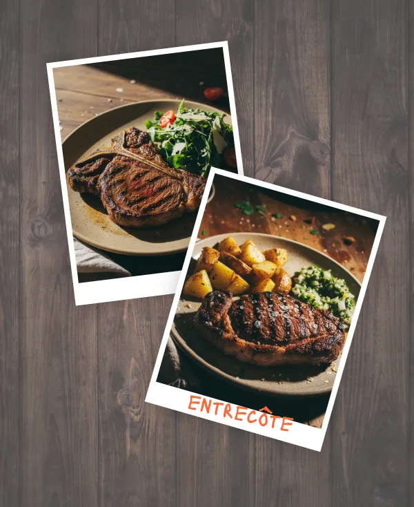 Zwei Teller mit gegrilltem Entrecôte-Steak; einer mit Salat serviert, der andere mit Röstkartoffeln und Gemüse, auf einer Holzoberfläche platziert.