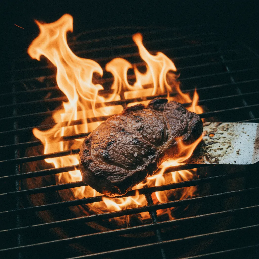 Gegrilltes Steak auf offener Flamme eines Gasgrills.